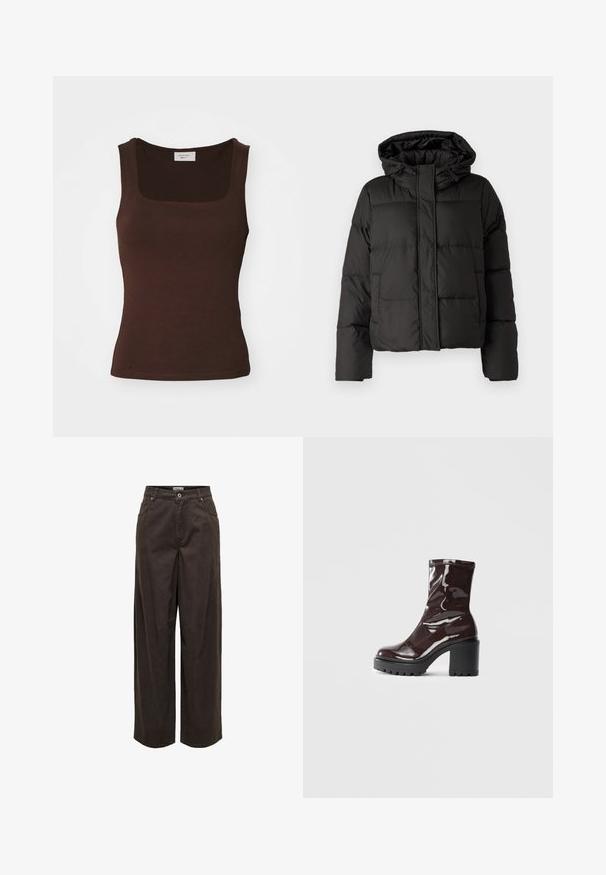 Črna puhovka s kapuco, zadrgo spredaj, prešito vzorec in elastičnimi manšetami. Narejena iz gladkega sintetičnega materiala.; Gina Tricot SQUARE TANK - Top - dark brown; Široke hlače v temno rjavi barvi, izdelane iz bombaža, z klasičnim pasom, zadrgo, petimi žepi in minimalističnimi šivi.; Sijajan škrlatank z bleščečim videzom, z masivnim črnim peto, ki se ponaša z gladko teksturo in preprostim dizajnom. Brez vidnih zapenjal ali vzorcev.