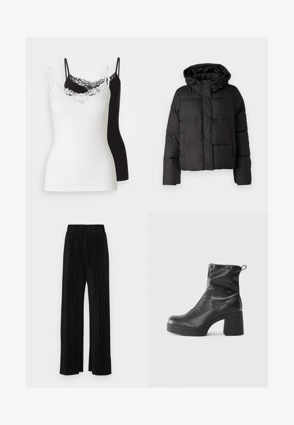 Giubbotto piumino nero con cappuccio, chiusura frontale con zip, motivo trapuntato e polsini elasticizzati. Realizzato in materiale sintetico liscio.; Due top, uno bianco e uno nero, con spalline regolabili. Il top bianco presenta un bordo in pizzo lungo il scollo. Texture liscia.; Pantaloni neri a plissé con vita elasticizzata. Presentano gamba ampia e un tessuto liscio e texture con strisce verticali.; Stivali neri alla caviglia in pelle liscia, con zip laterale, tacco spesso e texture, e punta arrotondata.