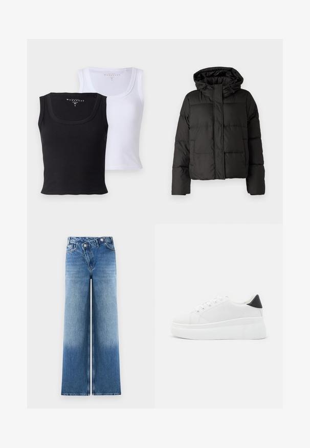 Geacă puffer neagră cu glugă, închidere cu fermoar în față, model matlasat și manșete elastice. Realizată din material sintetic neted.; Două tricouri fără mâneci din bumbac, unul negru și unul alb. Ambele au o textură disposibilă, decolteu larg și o formă ajustată.; Jeans de blugii wide-light blue cu o spălare estompată, având un design clasic cu cinci buzunare și accente din metal la talie.; Adidași albi cu platformă, fabricați din material sintetic neted, cu vârf rotund, design cu șireturi și talpă din cauciuc texturat. Accente negre la călcâi.