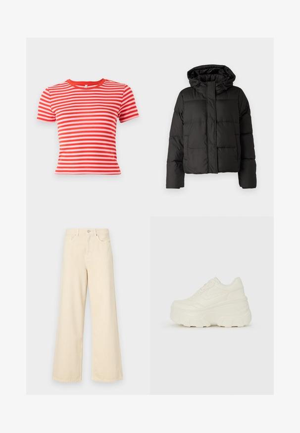 Black puffer jacket with a hood, zip front closure, quilted pattern, and elastic cuffs. Made from smooth synthetic material.; Red and pink striped t-shirt with short sleeves, round neck, and a fitted silhouette. Cotton blend fabric with a smooth texture.; Beige wide-leg jeans made of cotton. Features a button closure, belt loops, and front pockets with a smooth, soft texture.; White platform sneakers featuring a smooth leather-like upper, rounded shape, padded collar, and textured rubber sole with defined treads.