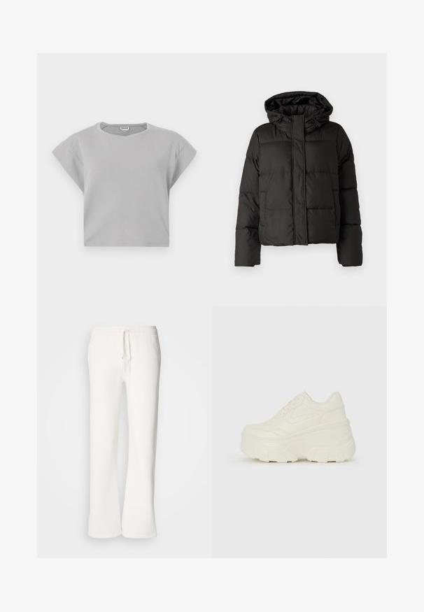 Fekete puffernadrág kapucnival, elöl cipzárral záródik, steppelt mintázattal és elasztikus mandzsettákkal rendelkezik. Simább szintetikus anyagból készült.; Világosszürke, rövidített pulóver, rövid, felgöngyölt ujjak, kerek nyakkivágás és diszkrét varrási részletek jellemzik. Puha, lélegző anyagból készült.; Fehér, laza szabású melegítőnadrág, puha anyagból készült, rugalmas derékkal és zsinórral, egyenes szárú kialakítással.; Fehér platform sportcipők, sima bőrszerű felsőrésszel, kerek formával, párnázott bokával és texturált gumitalppal, jól definiált mintázattal.