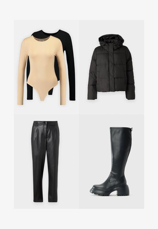 Geacă puffer neagră cu glugă, închidere cu fermoar în față, model matlasat și manșete elastice. Realizată din material sintetic neted.; Două body-uri cu mânecă lungă: unul bej cu o textură netedă și decolteu rotund, iar celălalt negru. Ambele au un design ajustat și tăietură tip thong.; Pantaloni din piele neagră cu o textură netedă, croială dreaptă, talie elastică și închidere cu nasture frontal; detalii plisate și picioare înguste.; Cizme lungi din piele neagră cu talpă platformă masivă și tocul pătrat, având un tab de tragere și un model texturat pe talpa exterioară.