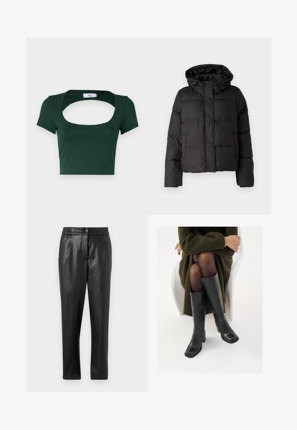 Černá péřová bunda s kapucí, zipovým zapínáním, prošívaným vzorem a elastickými manžetami. Vyrobena z hladkého syntetického materiálu.; Zelené zkrácené tričko vyrobené z měkké tkaniny, s širokým čtvercovým výstřihem a krátkými rukávy, s minimálními švy.; Černé kožené kalhoty s hladkou texturou, rovným střihem, elastickým pasem a zapínáním na knoflík vpředu; s plisovanými detaily a zúženými nohavicemi.; Černé kožené boty po kolena s hranatou špičkou a blokovým podpatkem, předvedené na modelce sedící v olivově zeleném kabátu. Hladký povrch, minimalizované detaily.