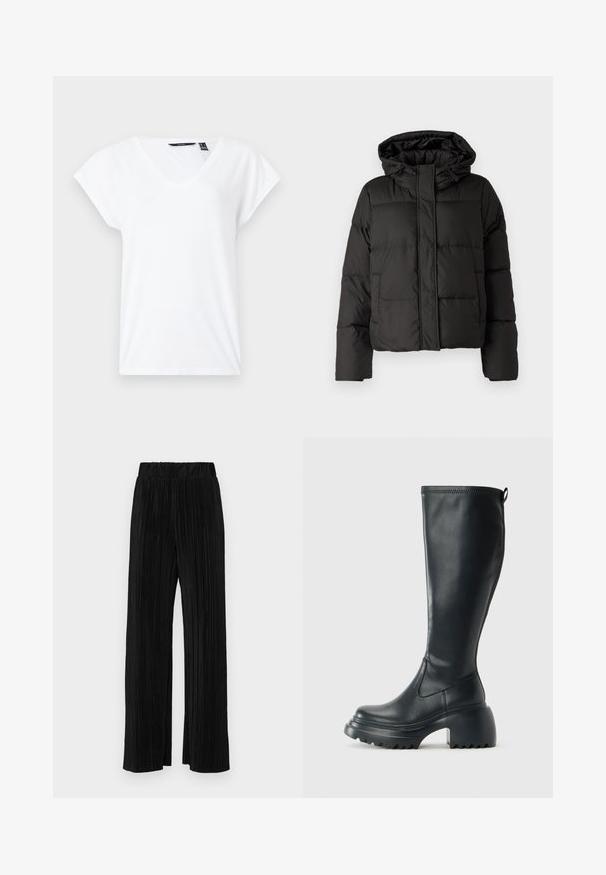 Must musterk jacket, millede, tõmbluku ees sulgemine, tikandmuster ja elastsed mansetid. Valmistatud siledast sünteetilisest materjalist.; Valge V-kaelusega T-särk, mis on valmistatud pehmest materjalist, lühikeste rulliäärega varrukatega. Lihtne, minimalistlik disain ja mugav lõige. Ilma mustrite või aksessuaarideta.; Mustad pleekitud püksid elastse vöökohtaga. Omavad laiad jalad ja sujuvat, tekstureeritud kangast vertikaalsete triipudega.; Kõrge must nahksaapad, millel on massiivne platvormi tald ja blokk-kand, varustatud tõmbenööriga ja tekstuuriga väljatõmbejääk.