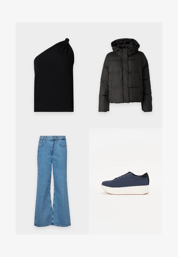 Juodas pūkinis džinsas su kapišonu, užtrauktuku priekyje, siuvinėtu raštu ir elastingais rankogaliais. Pagamintas iš lygios sintetinės medžiagos.; Asimetrinė juoda be rankovių palaidinė, pagaminta iš lygaus audinio, su mazgu ant peties ir prigludusia siluetu.; Šviesiai mėlynos flared džinsai, pagaminti iš džinsinio audinio, su aukštu liemeniu, penkiomis kišenėmis ir vienu mygtuko užsegimu. Minkštas paviršius su išblukusiu efektu.; Tamsiai mėlynas sportinis batelis su tekstūruotu audiniu viršuje, baltu platformos padu, apvaliu pirštu ir juodu kulno akcentu.š. Yra šešios skylės raišteliams.