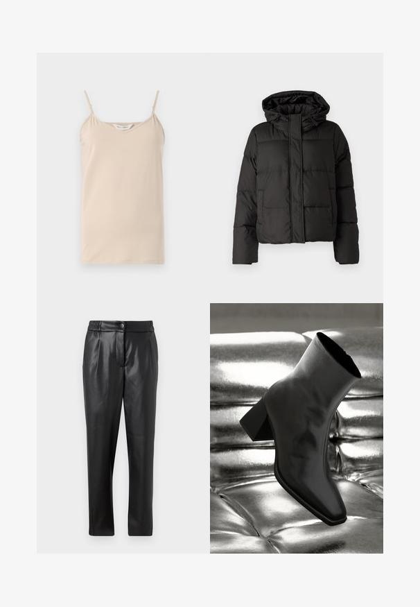 Must musterk jacket, millede, tõmbluku ees sulgemine, tikandmuster ja elastsed mansetid. Valmistatud siledast sünteetilisest materjalist.; Beež camisole top õhukeste spagetipaeltega ja V-kaelusega, valmistatud pehmest kangast, millel on sile tekstuur ja sirge serv.; Mustad nahkpüksid, millel on sile tekstuur, sirge lõige, elastne vöökoht ja esine nupuga sulgemine; volditud detailid ja kitsenevad sääred.; Must musta narmand, läikiva materjali ja ruudukujulise varbaga ning kitseneva kontsaga, paigutatud läikiva hõbedaselt tuftitud tausta ette.