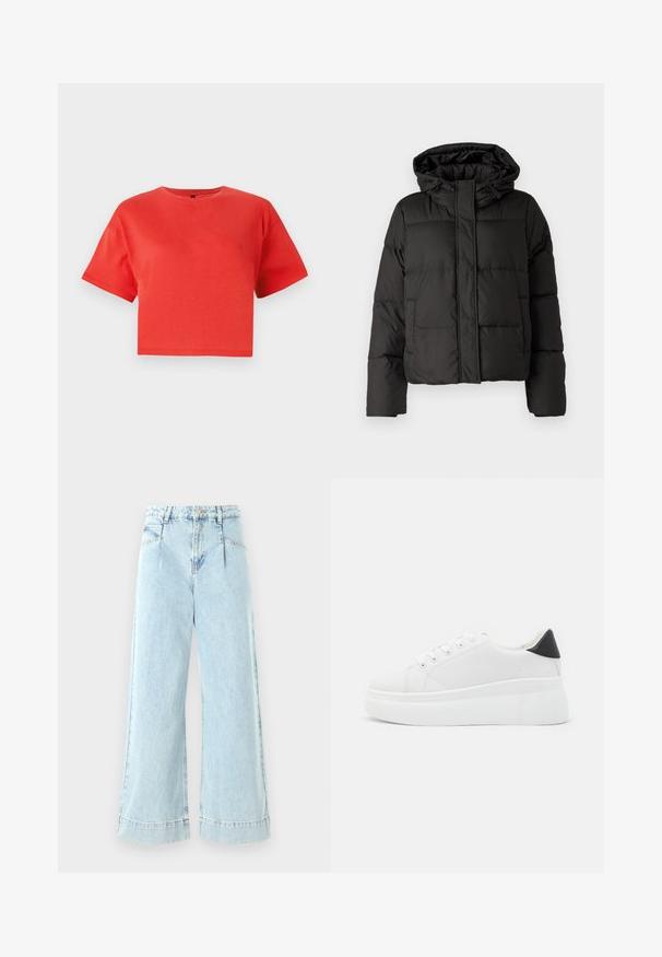 Černá péřová bunda s kapucí, zipovým zapínáním, prošívaným vzorem a elastickými manžetami. Vyrobena z hladkého syntetického materiálu.; Červené zkrácené tričko vyrobené z bavlny, s kulatým výstřihem a krátkými rukávy. Hladký povrch bez viditelných vzorů nebo akcentů.; Světle modré široké džíny vyrobené z denimové látky, s vysokým pasem, předními kapsami a prošívanými detaily na lemu.; Bílé platformové tenisky vyrobené z hladkého syntetického materiálu, s kulatou špičkou, šněrováním a texturovanou gumovou podrážkou. Černý akcent na patě.