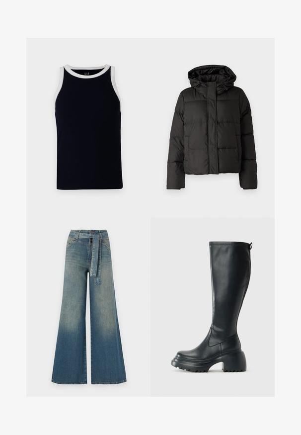 Casaco puffer preto com capuz, fecho frontal com zip e padrão acolchoado, com punhos elásticos. Feito de material sintético liso.; Camisola regata azul-marinho canelada com um decote redondo branco e cavas. Feita de um material macio, apresenta um design justo sem adornos.; Calças de ganga de perna larga com um gradiente de azul claro a escuro, cintura alta, passantes para cinto e um cinto de tecido a condizer. Acabamento em ganga texturizada.; Bota preta de couro alta com sola de plataforma robusta e salto bloco, apresentando puxador e padrão texturizado na sola.