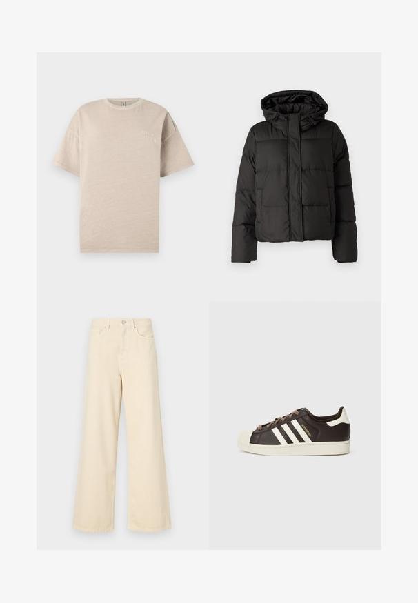 Crna puffer jakna s kapuljačom, zatvaranjem na zip, kviltanim uzorkom i elastičnim manžetama. Izrađena od glatkog sintetičkog materijala.; Bež pamukasta majica kratkih rukava, okruglog izreza, s malim bijelim tiskanim natpisom "ROĐEN U RAJU" na prsima. Glatka tekstura.; Bež traperice širokih nogavica napravljene od pamuka. Imaju zatvaranje na dugme, petlje za remen i prednje džepove s glatkom, mekanom teksturom.; Niska Adidas Superstar tenisica od tamnobraon kože s krem školjkastim vrhom, bijelim prugama i natpisom "Superstar" sa strane.