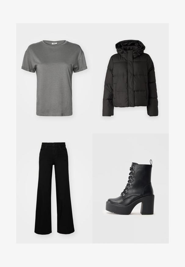 Musta puffatakki hupulla, vetoketjukiinnityksellä, tikattu kuvio ja elastiset hihansuut. Valmistettu sileästä synteettisestä materiaalista.; Harmaa lyhythihainen t-paita, joka on valmistettu pehmeästä puuvillasta. Siinä on pyöreä pääntie, kääritty hihansuu ja rento leikkaus, jolla on sileä ja tasainen pinta.; Musta leveälahkeinen farkkupanta, jossa on rakenteellinen vyötärö, vyölenkit ja etutaskut. Sujuva rakenne klassisella muotoilulla.; Musta nahkasaapas nilkkamittaisella, paksulla korokepohjalla, nyöritettävällä etuosalla ja tekstuuripinnalla. Takana on lenkki helppoa pukemista varten.