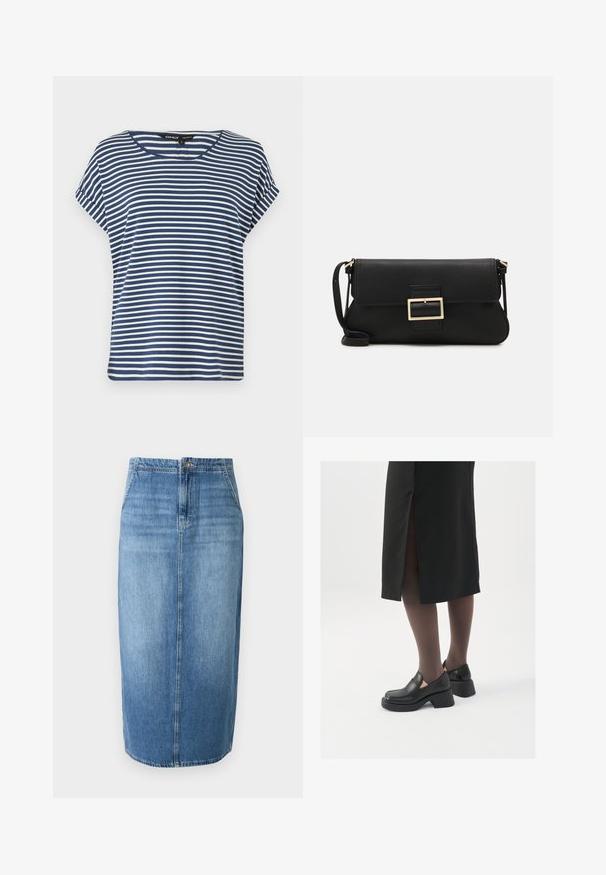 Geacă puffer neagră cu glugă, închidere cu fermoar în față, model matlasat și manșete elastice. Realizată din material sintetic neted.; Top scurt cu mânecă scurtă, în dungi albastre și albe, cu guler rotund, fabricat dintr-un material moale, având o croială lejeră și mici fante pe laturile tivului.; Fustă tip creion din denim, de culoare albastru deschis, cu un croi drept, închidere cu nasturi în față și estompare subtilă. Linia tivului este ușor deasupra genunchiului.; Pantofi din piele neagră cu vârful rotund, toc bloc gros și accente elastice pe lateral, asortați cu colanți închiși la culoare și o fustă neagră cu o fanta.; Geantă de mână din piele neagră, cu clapetă și un detaliu din metal auriu. Include o curea neagră și un design elegant, minimalist.