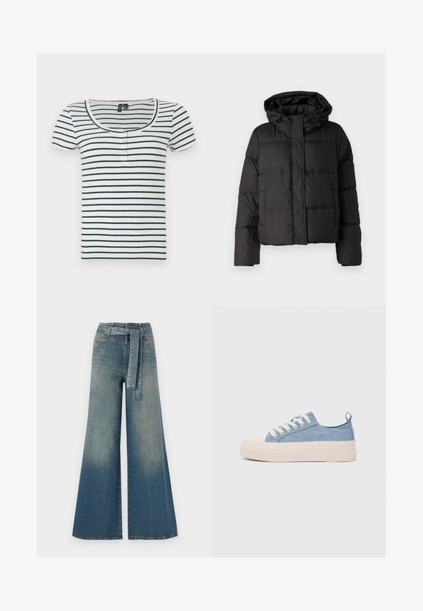 Musta puffatakki hupulla, vetoketjukiinnityksellä, tikattu kuvio ja elastiset hihansuut. Valmistettu sileästä synteettisestä materiaalista.; Ribbed t-paita lyhyillä hihoilla, jossa on halkio kaula-aukko, vaakasuoria laivastonsinisiä ja valkoisia raidoituksia sekä kolme nappia edessä.; Yksiväriset farkut leveällä lahkeella, joissa on vaaleasta tummansiniseen häipyvä väri, korkea vyötärö, vyölenkit ja yhteensopiva kangasvyö. Rakennefarkkujen pinta.; Vaaleansiniset kangaskengät, joissa on kerma värinen kuminen varvaskuppi ja pohja, valkoiset nauhat ja vetotappi kantapäässä.