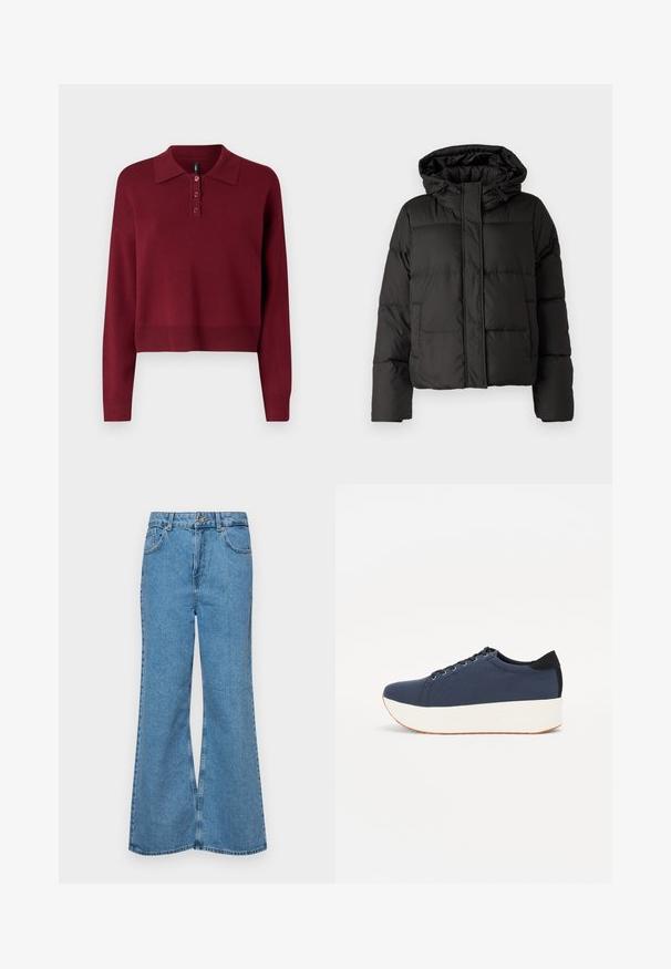 Geacă puffer neagră cu glugă, închidere cu fermoar în față, model matlasat și manșete elastice. Realizată din material sintetic neted.; Pulover polo cu maneci lungi în nuanță de burgundy, prevăzut cu guler clasic, plachetă cu trei nasturi și tiv scurt cu detalii ribbate. Textură moale din tricot.; Jeanși evazați de culoare albastru deschis, din denim, cu talie înaltă, cinci buzunare și închidere cu un singur buton. Textură moale cu un finisaj decolorat.; Sneaker albastru închis, cu un material texturat pe partea superioară, talpă platformă albă, vârf rotunjit și accent de călcâi negru. Dispune de șase găuri pentru șireturi.