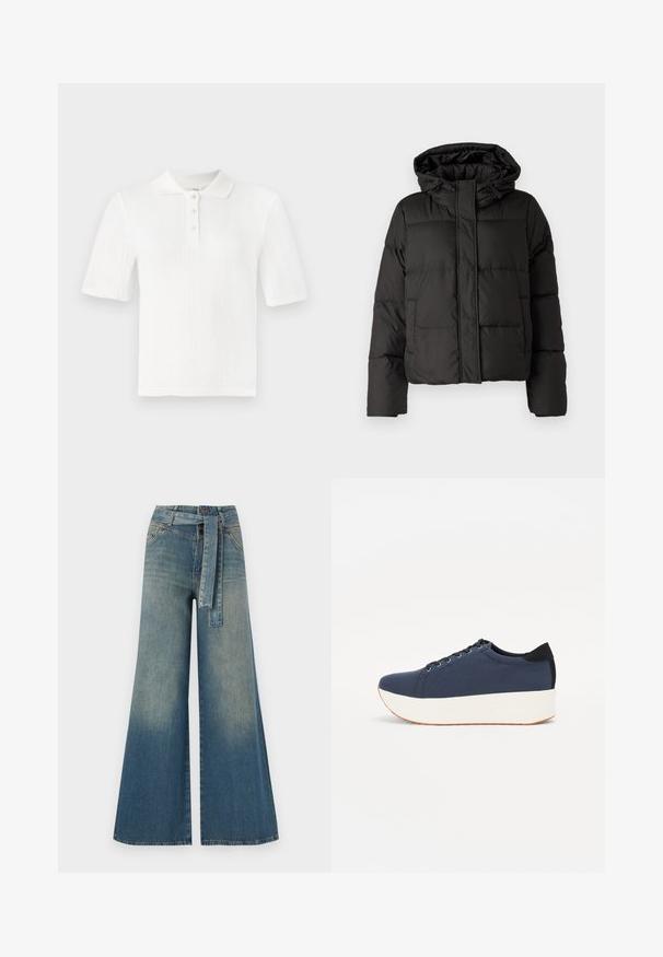 Black puffer jacket with a hood, zip front closure, quilted pattern, and elastic cuffs. Made from smooth synthetic material.; White knitted short-sleeve polo shirt featuring a ribbed texture, three-button placket, and a classic collar. Simple and versatile design.; Wide-leg denim trousers featuring a light to dark blue gradient, high waist, belt loops, and a matching fabric belt. Textured denim finish.; Navy blue sneaker with a textured fabric upper, white platform sole, rounded toe, and black heel accent. Features six eyelets for laces.