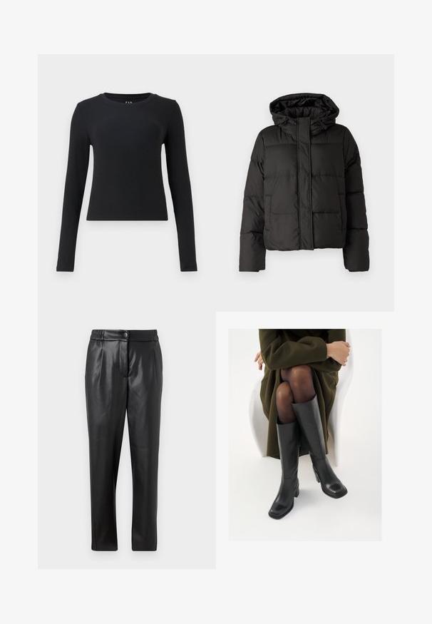 Fekete puffernadrág kapucnival, elöl cipzárral záródik, steppelt mintázattal és elasztikus mandzsettákkal rendelkezik. Simább szintetikus anyagból készült.; Fekete, hosszú ujjú felső, kerek nyakkivágás, bordázott textúra, karcsú fazon és cropped hosszúság. Nincsenek minták vagy látható hardver részletek.; Fekete bőr nadrág sima textúrával, egyenes szabással, rugalmas derékkal és elülső gombos záródással; pliszírozott részletezéssel és szűkített lábakkal.; Térdfelett érő fekete bőr csizmák négyzet alakú orral és tömbtalppal, olajzöld kabátban ülő modellel bemutatva. Simaság, minimalista részletezés.