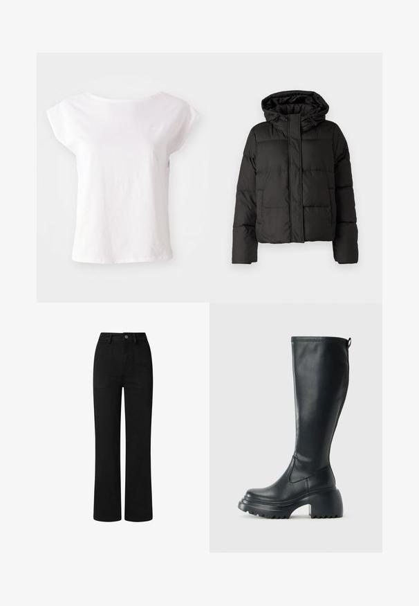 Melna pūkainā jaka ar kapuci, ar rāvējslēdzēju priekšpusei, ar izšūtu rakstu un elastīgām aprocēm. Izgatavota no gludas sintētiskas vielas.; Baltas īsām piedurknēm T-krekls, izgatavots no kokvilnas, ar apaļu kakla izgriezumu un brīvu piegriezuma dizainu. Iekļauts maigs logo akcenti uz krūtīm.; Melnas, augstā jostasvietā izstrādātas bikses ar taisnu kāju dizainu, izgatavotas no gludas kokvilnas auduma. Iekļauj priekšējās kabatas un vienkāršu metāla pogas aizdari.; Augstas melnas ādas zābakus ar masīvu platformu un bloka papēdi, ar vilkšanas cilpu un strukturētu profilu uz ārējā zoles.