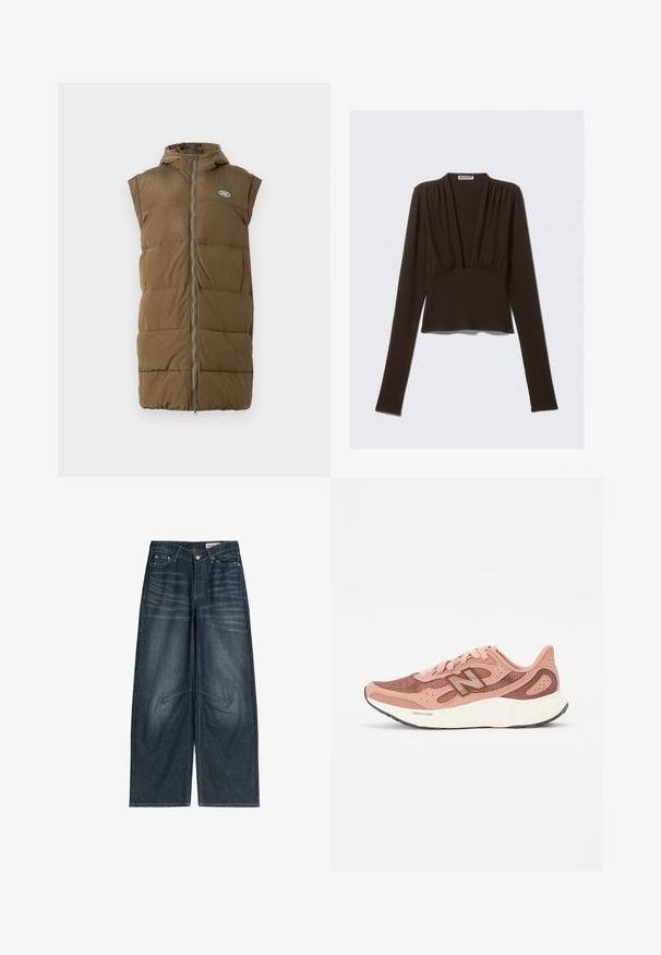 Bezrukává prošívaná vesta ve olivově zelené barvě, s předním zipem, kapucí a texturovanou tkaninou. Obsahuje malou odznak značky na hrudi.; Hnědý top s dlouhým rukávem a výstřihem do V, se záhyby na ramenou a vypasovaným pasem. Vyrobený z elastické látky pro pohodlí.; Široké džíny z tmavého denimu s vybledlým vzorem, viditelným švem, předními kapsami a zipovým zapínáním.; Růžová běžecká obuv s prodyšnou vrchní částí, s texturovaným designem a hnědými akcenty. Lehká podrážka se značným odpružením.