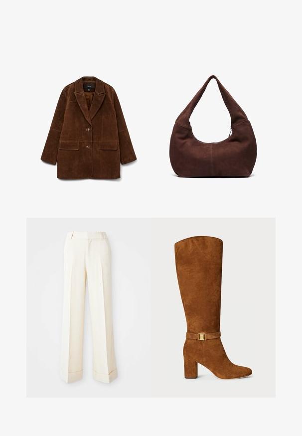 Brązowy zamszowy marynarka z klapami, dwoma przednimi kieszeniami i jednym zapięciem na guzik. Miękka faktura i dopasowany krój.; Kremowy, bezrękawnikowy top w crop style z szerokimi ramiączkami, z rzędem małych białych guziczków z przodu na środku.; Beżowe spodnie o szerokiej nogawce, z gładką fakturą, z plisami z przodu i złożonymi mankietami. Posiadają szlufki na pasek oraz zamek błyskawiczny.; Brązowy zamszowy bot z wysokim cholewką, o kwadratowym nosku, masywnym obcasie i złotym zapięciu na pasującym zamszowym pasku wokół kostki.; Brązowa zamszowa torba hobo z krzywym, szerokim uchwytem i dużym otworem. Miękka tekstura z widocznym szyciem wzdłuż krawędzi.