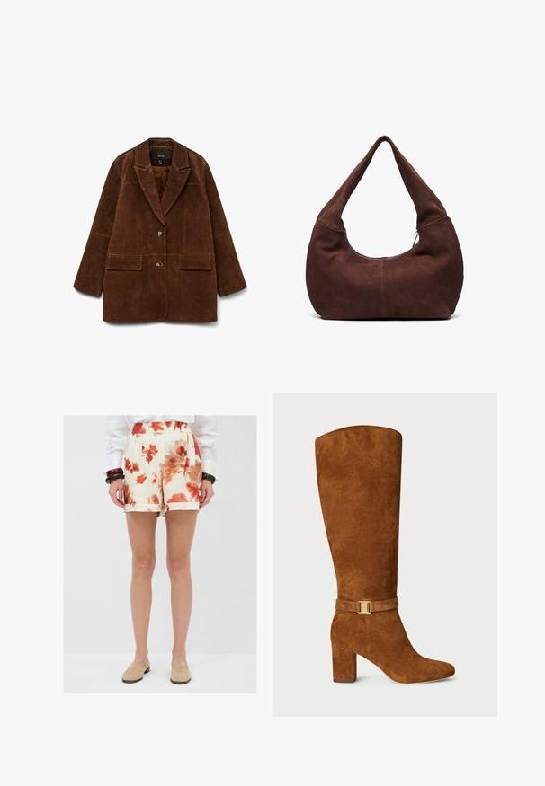 Brauner Wildleder-Blazer mit Reverskragen, zwei Vordertaschen und einem einzelnen Knopfverschluss. Weiche Textur und taillierte Silhouette.; Cremfarbener, ärmelloser Cropped-Top mit breiten Trägern und einer Reihe kleiner weißer Knöpfe in der Mitte.; Blumen-Shorts in Creme mit roten und orangefarbenen Mustern, mit Falten an der Vorderseite und umgeschlagenen Säumen, aus leichtem Stoff gefertigt.; Braune Wildleder-Kniehohe Stiefel mit quadratischer Zehenpartie, klobigem Absatz und einem goldfarbenen Schnallen-Detail an einem passenden Wildlederriemen um den Knöchel.; Braune Wildleder-Hobo-Tasche mit einem gebogenen, breiten Griff und einer großen Öffnung. Weiche Textur mit sichtbaren abgesteppten Details entlang der Kanten.