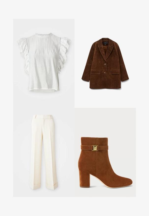 Blazer in suede marrone con colletto a punta, due tasche frontali e chiusura con un bottone. Texture morbida e silhouette sartoriale.; Blusa bianca a maniche corte con pieghe, spalle arricciate e un collo alto rifinito in pizzo. Tessuto morbido con una texture liscia.; Pantaloni beige a gamba larga con una texture liscia, pieghe frontali e risvolti. Presentano passanti per cintura e chiusura con zip.; Stivale alla caviglia in suede marrone con tacco a blocco. Presenta una fascia con fibbia dorata all'altezza della caviglia e una punta liscia e affusolata.