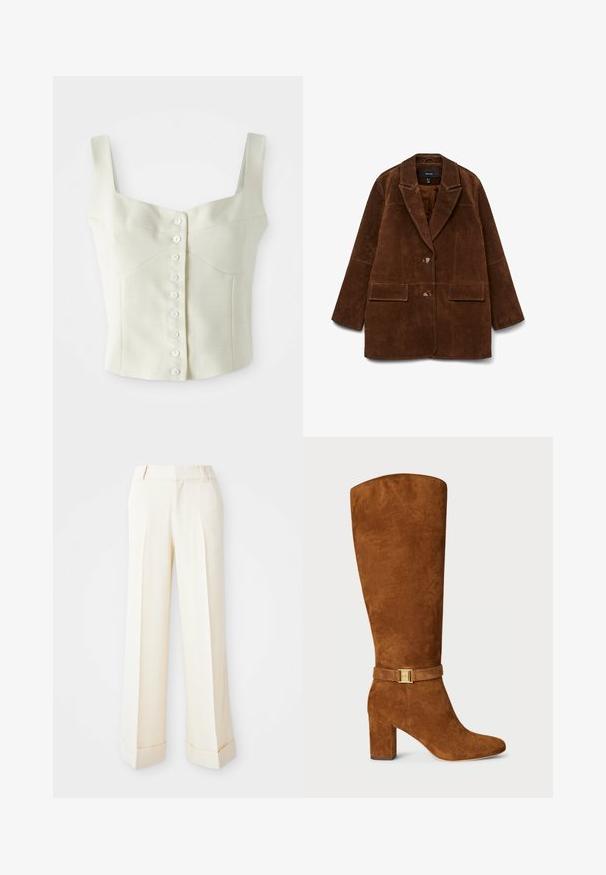 Hnědý semišový blejzr s klopovým límcem, dvěma předními kapsami a jedním knoflíkovým zapínáním. Měkká textura a přizpůsobený silueta.; Krémový bezrukávový krCrop top s širokými ramínky a přední řadou malých bílých knoflíků uprostřed.; Béžové kalhoty s širokými nohavicemi, hladkým povrchem, předními sklady a ohrnutými manžetami. Obsahují poutka na opasek a zapínání na zip.; Hnědé nubukové kozačky po kolena se čtveratou špičkou, robustním podpatkem a zlatým sponovým detailem na odpovídajícím nubukovém popruhu kolem kotníku.