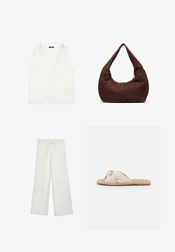 Brauner Wildleder-Blazer mit Reverskragen, zwei Vordertaschen und einem einzelnen Knopfverschluss. Weiche Textur und taillierte Silhouette.; Weiße ärmellose Bluse mit tiefem V-Ausschnitt, die zarte Spitze an den Kanten aufweist und aus einem glatten, leichten Stoff besteht.; Weiße, weit geschnittene Hose aus weichem Stoff. Mit einem elastischen Bund und einem Kordelzug sowie einer glatten Oberfläche. Keine sichtbaren Muster oder Hardware.; Beige Stoff Slipper mit einem geknoteten Oberdesign und einer gewebten Jutessohle. Flache, offene Zehenform mit einem strukturierten, geflochtenen Rand.; Braune Wildleder-Hobo-Tasche mit einem gebogenen, breiten Griff und einer großen Öffnung. Weiche Textur mit sichtbaren abgesteppten Details entlang der Kanten.; Goldfarbene rechteckige Armbanduhr mit minimalistischem Design, ausgestattet mit einem cremfarbenen Zifferblatt, goldenen Zeigern und einem Gliederarmband aus Metall. Die Markierungen umfassen den Markennamen.