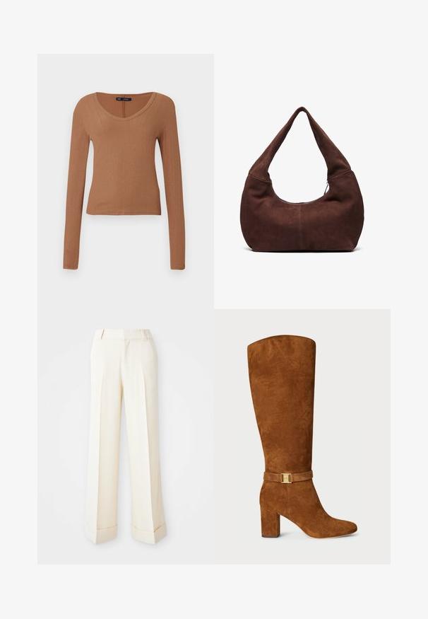 Rudas zomšinis bleizeris su įpjovimu apykakle, dviem priekinėmis kišenėmis ir vienu mygtuku uždarymu. Minkšta tekstūra ir pritaikytas siluetas.; Ruda, dryžuota ilgomis rankovėmis palaidinė su apvalia iškirpte ir prigludusia forma. Pagaminta iš minkštos, tamprios medžiagos, užtikrinančios komfortą.; Smėlio spalvos plačios kojų kelnės su lygaus paviršiaus struktūra, priekiniais raukiniais ir sulankstytais rankogaliais. Įrengtos diržo kilpos ir užtrauktuko uždarymas.; Rudi zomšiniai batai iki kelio su kvadratine nosimi, stora pakulne ir auksinės spalvos užsegimu, kuris yra iš zomšinio dirželio apie kulkšnį.; Ruda suedinė hobo rankinė su išlenktu plačiu rankenos dizainu ir didele atidarymo angą. Minkšta tekstūra su matomomis siuvimo detalėmis palei kraštus.