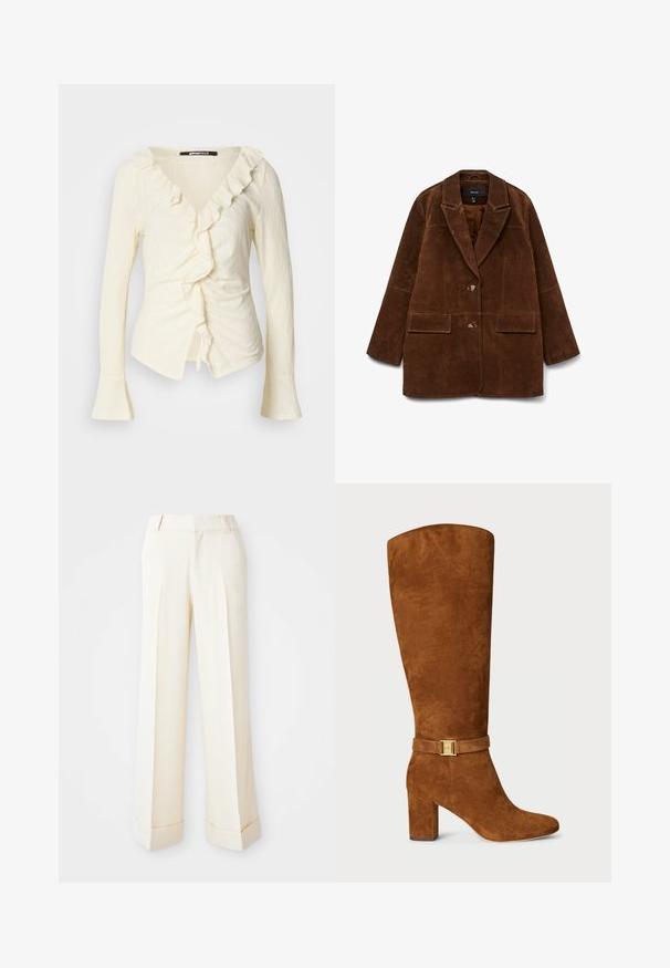 Brūns zamšs žakets ar iegriezto apkakli, divām priekšējām kabatām un ar vienu pogu aizdari. Mīksta faktūra un pielāgots siluets.; Krēmas krāsas garas piedurknes blūze ar V veida kakla izgriezumu, volānu apdari, savāktām sānu daļām un zvana formas piedurknēm. Izgatavota no viegla, teksturēta auduma.; Gaiškrēms bez piedurknēm apgrieztais tops ar platiem siksnām un mazu baltu pogu rindu pa vidu.; Smilšu krāsas plaša kāju bikses ar gludu struktūru, priekšējiem krokām un salocītām piedurknēm. Iespējami jostas cilpiņas un rāvējslēdzēja aizdare.; Brūni zamša ceļgala zābaki ar kvadrātveida purngalu, masīvu papēdi un zelta tonī sprādzi, kas ir piestiprināta ar atbilstošu zamša jostu ap potīti.