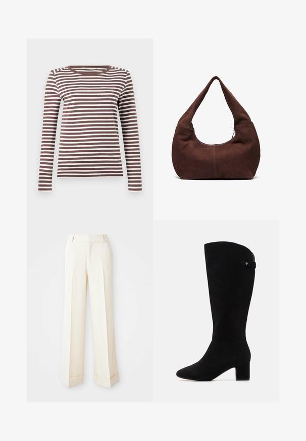 Pruun suede bleiser, millel on nurgeline krae, kaks esist kotti ja üksik nupp. Pehme tekstuur ja kohandatud siluett.; Pruunide ja valgete triipudega pikad varrukad T-särk ümmarguse kaelusega ja kitsas siluett. Pehme kangas siledast tekstuurist.; Beezid laiavad püksid sileda tekstuuriga, esiplekkide ja voltidega mansettidega. Omab vööloopide ja tõmbluku kinnitust.; Mustad sametist kõrge varrega saapad, millel on terav nina ja ploki konts. Omavad sujuvat tekstuuri ja lihtsat disaini, lisatud külgrihmaga aktsent.; Pruuni nahkhiirekott, millega on kaasas kumer ja lai käepide ning suur avaus. Pehme tekstuuriga, mille servadel on nähtavad õmblustähed.