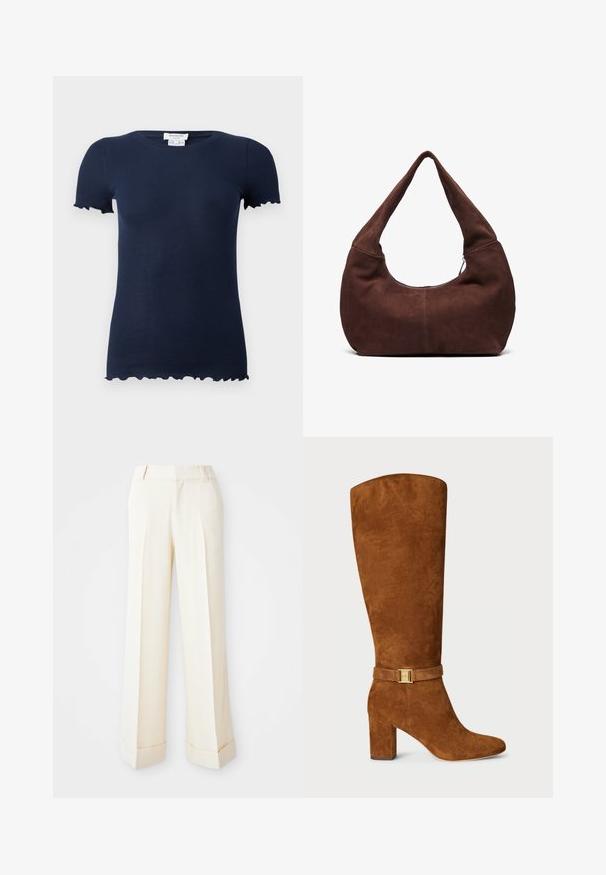 Blazer din nubuc maro cu guler tăiat, două buzunare frontale și închidere cu un singur buton. Textură moale și siluetă ajustată.; T-shirt bleumarin cu model rib și design ajustat, mâneci scurte și margini ondulate la tivurile mânecilor și la partea de jos. Material moale și elastic.; Pantaloni bej cu picioare largi, cu o textură netedă, pliseuri frontale și mansete pliate. Au curea și închidere cu fermoar.; Botă din daim maro, până la genunchi, cu vârf pătrat, toc chunky și detaliu din metal auriu pe o curea din daim asortată în jurul gleznei.; Geantă hobo din suede maro, cu o maner curbat și lat și o deschidere mare. Textură moale cu detalii de cusătură vizibile de-a lungul marginilor.