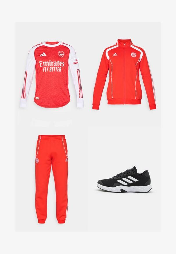 Sarkans jaku ar rāvējslēdzēju un baltām akcents, ar garām piedurknēm, augstu apkakli un FC Bayern München logo uz krūtīm. Mīksts tekstila materiāls.; Sarkans džersijs ar garām piedurknēm un rakstainu tekstūru, baltām piedurknēm un sarkaniem svītrainēm. Satur Arsenāla logo un tekstu "Emirates Fly Better".; Sarkani sporta bikses ar elastīgu jostasvietu, baltām sānu svītrām un logotipa detaļām uz gurniem un apakšējām kājām. Izgatavotas no mīkstas auduma ar ribotām aprocēm.; Melnas sporta kurpes ar teksturētu acu augšdaļu, baltām akcentu svītrām, mīkstu zoli un pastiprinātu papēdi atbalstam.