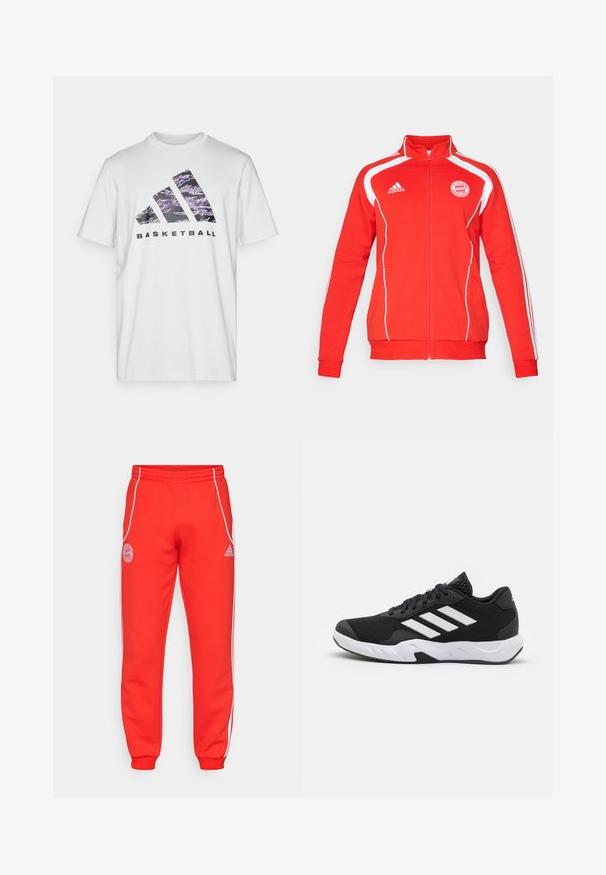 Roter Reißverschlussjacke mit weißen Akzenten, langärmlig, mit hohem Kragen und dem FC Bayern München-Logo auf der Brust. Aus weichem Textilmaterial.; Weißes Baumwoll-T-Shirt mit kurzen Ärmeln, das einen lila und schwarzen Grafikdruck mit drei Streifen und dem Wort "BASKETBALL" zeigt.; Rote Jogginghose mit elastischem Bund, weißen Seitenstreifen und Logodetails an der Hüfte und am Unterschenkel. Hergestellt aus weichem Stoff mit gerippten Bündchen.; Schwarze Sportschuhe mit einem strukturierten Mesh-Obermaterial, weißen Akzentstreifen, einer gepolsterten Sohle und einer verstärkten Ferse für Unterstützung.