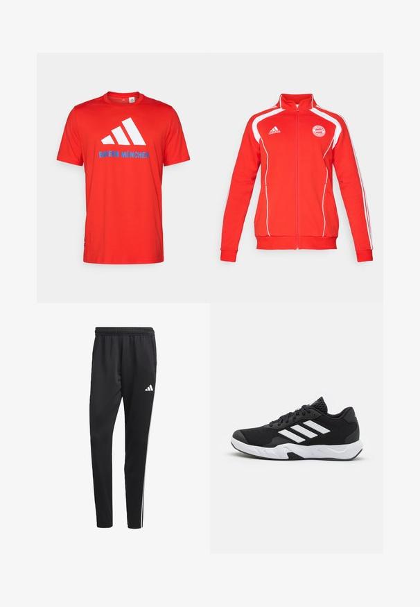Punane tõmbluku jaotusega jakk valgete aktsentidega, pikad varrukad, kõrge krae ja FC Bayern Müncheni logo rinnal. Pehme tekstiilmaterjal.; Punane puuvillane T-särk, millel on valge kolm joont logo ja "BAYERN MÜNCHEN" sinisega. Ümar kaelus ja lühikesed varrukad, lihtne disain.; Mustad mustri värvi spordipüksid venitatava vööõhuga, valged külgtriibud ja väike valge logo reie peal. Valmistatud siledast, kergest materjalist.; Mustad mustosportlikud jalanõud, millel on tekstuuriga võrkpealne, valged aksenttriibud, pehme tallaga ja tugevdatud konts toe jaoks.