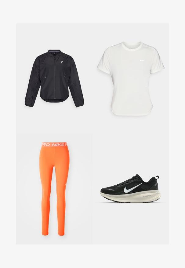 Svart lett jakke med glidelås foran, rund hals, lange ermer og subtil tekstur. Har sidelommer og logo på brystet.; Nike T-skjorte i hvit, kortermet, rund hals, laget av et glatt og lett materiale. Har en subtil logo på brystet.; Oransje treningsleggings med et tettsittende design, laget av stretchy materiale. Har en hvit merkevaremidje og lite logo på siden.; Svart Nike løpesko med pustende mesh-overdel, hvit swoosh-logo, teksturert detaljer og en kremfarget ZoomX mellomsåle.