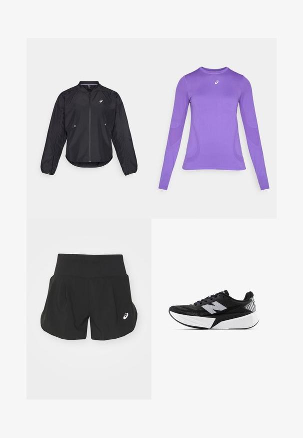 Musta kerge jope, millel on lukuga esikülg, ümar kaelus, pikad varrukad ja peen tekstuur. Sisele on küljetaskud ja rinnal logo.; Hea kuni varrukatega sportlik topp helesinises kangas, millel on keha külge sobiv disain, ümmargune kaelus ja peen tekstuur koos logo detailiga rinnal.; Mustad mustrokid, laia vöökoht, pleekud disain ja väike valge logo aktsent vasakul alakul. Pehme, kerge materjal.; Mustvalge New Balance jooksujalats, millel on paks tallar ja võrkkangast ülemine osa, ning külgvaates on näha ka „N” logo.