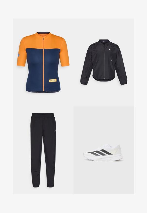 Juodas lengvas džemperis su užtrauktuku priekyje, apskrito kaklo, ilgomis rankovėmis ir subtilia tekstūra. Yra šoninės kišenės ir logotipas ant krūtinės.; Oranžinė ir mėlyna trumpomis rankovėmis dviračių maikutė, turinti priekinį užtrauktuką, logotipo akcentus ir kontrastingus intarpus su lygiu paviršiumi.; Juodos sportinės kelnės su elastingu juosmeniu, siaurėjančiomis kojomis su gumytėmis, pagamintos iš lengvo, glotnaus audinio, su maža logo ant šlaunies.; Baltos sportinės bateliai su juodomis įstrižainėmis, tinklinė viršutinė dalis, apvalus pirštas ir tekstūruotas padas. Priedai apima sidabrinį kulną ir minimalistinį dizainą.