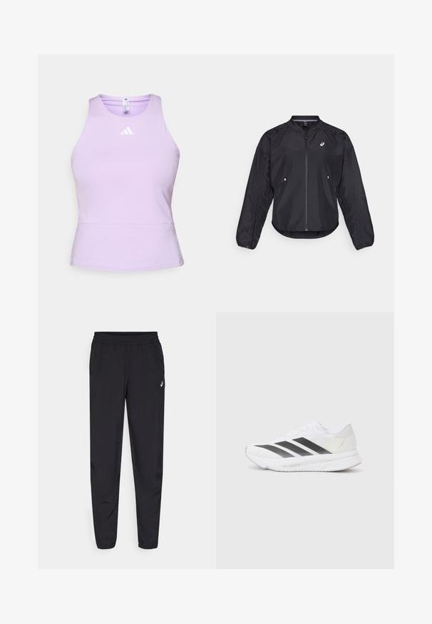 Crna lagana jakna s patentnim zatvaračem sprijeda, okruglim izrezom, dugim rukavima i suptilnom teksturom. Ima bočne džepove i logo na prsima.; Ljubičasti atletski top od glatkog materijala s prianjajućim dizajnom, s okruglim izrezom i bijelim Adidas logotipom na prsima.; Crne sportske hlače s elastičnim pojasom, sužavajuće nogavice s manžetama, izrađene od laganog, glatkog materijala, s malim logotipom na bedru.; Bijela atletska cipela s crnim dijagonalnim trakama, mrežastim gornjim dijelom, zaobljenim prstom i teksturiranim potplatom. Akcenti uključuju srebrnu petu i minimalistički dizajn.