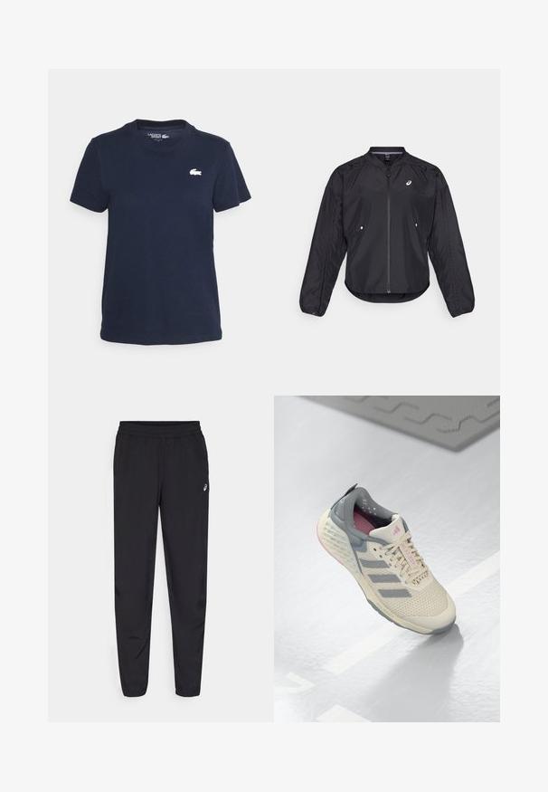 Črna lahka jakna z zadrgo spredaj, okroglim vratom, dolgimi rokavi in subtilno teksturo. Ima stranske žepe in logotip na prsih.; Mornarsko modra bombažna majica s krožnim izrezom in kratkimi rokavi. Ima majhen bel Lacoste logo na levem prsnem delu. Mehka tekstura.; Črne športne hlače z elastičnim pasom, zoženimi nogavicami z manšetami, izdelane iz lahkotnega, gladkega materiala, z majhnim logotipom na stegnu.; Bež športni čevelj z sivo akcenti, mrežastim zgornjim delom in teksturirano podplatom. Ima tri sive črte in roza notranje podrobnosti.