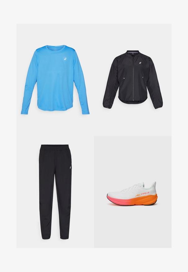 Crna lagana jakna s patentnim zatvaračem sprijeda, okruglim izrezom, dugim rukavima i suptilnom teksturom. Ima bočne džepove i logo na prsima.; Majica dugih rukava za sport u svijetloplavoj boji. Napravljena od glatkog, laganog materijala s okruglim izrezom i malim bijelim logotipom.; Crne sportske hlače s elastičnim pojasom, sužavajuće nogavice s manžetama, izrađene od laganog, glatkog materijala, s malim logotipom na bedru.; Bijela sportska cipela s teksturiranim gornjištem, koja ima šareni gradijent potplat u narančastoj i roza boji, te istaknutim logom sa strane.