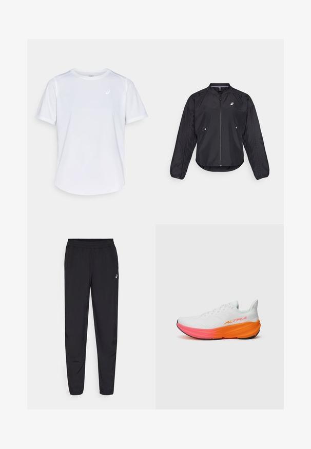 Czarna lekkie kurtka z zamkiem z przodu, okrągłym dekoltem, długimi rękawami i subtelną teksturą. Posiada boczne kieszenie oraz logo na klatce piersiowej.; Biała koszulka sportowa, krótki rękaw, okrągły dekolt, wykonana z tkaniny odprowadzającej wilgoć, z małym logo na klatce piersiowej, o lekkiej strukturze.; Czarne spodnie sportowe z elastycznym paskiem w talii, zwężanymi nogawkami z mankietami, wykonane z lekkiego, gładkiego materiału oraz z małym logo na udzie.; Białe buty sportowe z teksturowaną cholewką, z kolorową gradientową podeszwą w odcieniach pomarańczowego i różowego, oraz wyraźnym logo z boku.