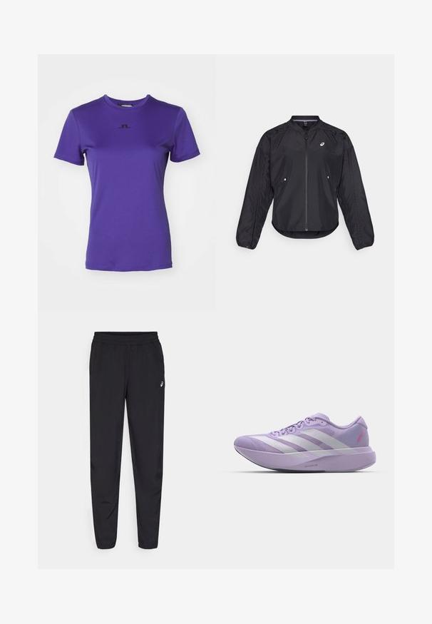 Musta kerge jope, millel on lukuga esikülg, ümar kaelus, pikad varrukad ja peen tekstuur. Sisele on küljetaskud ja rinnal logo.; Lilla lühikese varrukaga t-särk, mis on valmistatud siledast kangast. Ees on keskelt must logo. Ümar kaelus ja standardne istuvus.; Mustad mustrisokid, millel on elastne vöökoht, kitsenevad sääred, millel on soonikud, valmistatud kerge, siledast materjalist ning väike logo reie peal.; Heledad lilla jooksujalats, millel on võrksisus, valge kolmerealine disain, tekstureeritud viimistlus ja paks vahtkeskosa, millel on silt "LIGHTSTRIKE PRO".