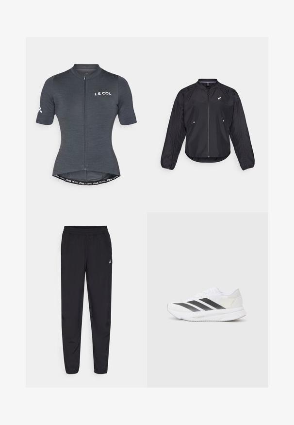 Sort letvægtsjakke med lynlås foran, rund hals, lange ærmer og en diskret struktur. Har sidelommer og et logo på brystet.; Grå cykeltrøje med korte ærmer, frontlynlås og tætsiddende design. Har et mærke-logo og kontrastdetaljer ved taljen.; Sorte træningsbukser med elastisk talje, smalnende ben med manchetter, lavet af et let og glat materiale, og med et lille logo på låret.; Hvide sportsko med sorte diagonale striber, mesh-overdel, rund tå og tekstureret sål. Accenter inkluderer en sølv hæl og et minimalistisk design.
