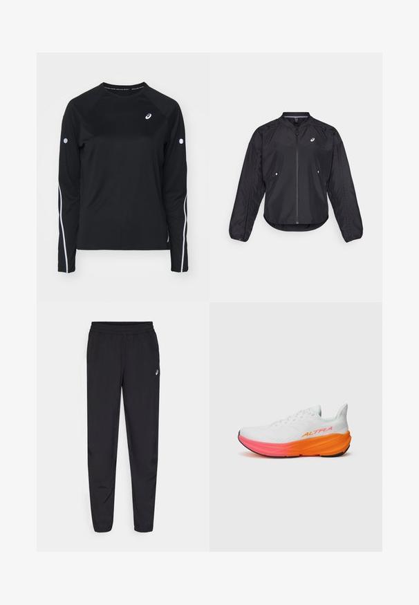 Sort letvægtsjakke med lynlås foran, rund hals, lange ærmer og en diskret struktur. Har sidelommer og et logo på brystet.; Sort langærmet træningsshirt med raglanærmer, hvide reflekterende striber langs siderne og rund hals. Har et lille logo på brystet.; Sorte træningsbukser med elastisk talje, smalnende ben med manchetter, lavet af et let og glat materiale, og med et lille logo på låret.; Hvide atletiske sko med en struktureret overdel, der har en farverig gradient sål i orange og pink, samt et fremtrædende logo på siden.