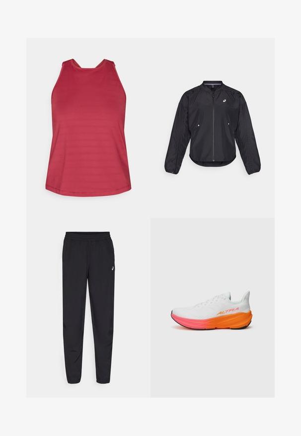 Musta kerge jope, millel on lukuga esikülg, ümar kaelus, pikad varrukad ja peen tekstuur. Sisele on küljetaskud ja rinnal logo.; Punane särk ilma varrukateta, kõrge kaelusega ja silmadega paneelidega õlgadel, mõeldud naistele.; Mustad mustrisokid, millel on elastne vöökoht, kitsenevad sääred, millel on soonikud, valmistatud kerge, siledast materjalist ning väike logo reie peal.; Valge sportlik jalanõu, millel on tekstureeritud ülemine osa, eristuv värviline gradiendi tald oranži ja roosa toonis ning väljapaistva logoga külgedel.