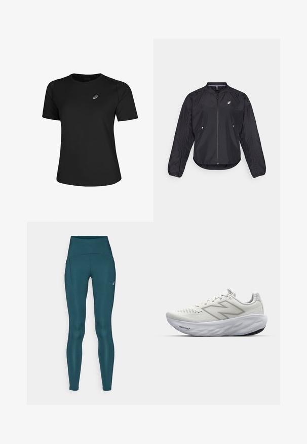 Čierna ľahká bunda s predným zipsom, okrúhlym výstrihom, dlhými rukávmi a jemnou textúrou. Má bočné vrecká a logo na hrudi.; Čierne atletické tričko vyrobené z hladkej tkaniny, so zaobleným výstrihom a krátkymi rukávmi. Obsahuje reflexné logo na ľavej prednej strane.; Tyrkysové legíny s vysokým pásom vyrobené z elastického materiálu, s oblúkovým pásom, bočnou vreckom a jemným logom v blízkosti bokov.; Biele športové topánky s sieťovaným zvrškom, vybavené polstrovaným golierom, textúrovanou podrážkou a brandingom "Fresh Foam" na medzipodrážke.