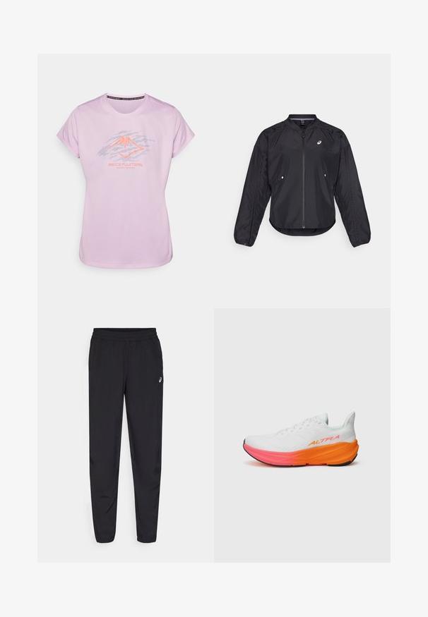 Fekete, könnyű dzseki cipzárral, kerek nyakkal, hosszú ujjakkal és Diszkrét textúrával. Oldalsó zsebekkel és logóval a mellkasán.; Világos rózsaszín sportpóló, sötétszürke és neon narancs grafikus hegylogóval. Rövid ujjú, kerek nyakkivágással, sima tapintású.; Fekete sportnadrág rugalmas derékkal, keskenyedő lábszárral és összehúzással, könnyű, sima anyagból készült, kis logóval a combon.; Fehér sportcipő texturált felsőrésszel, színes, narancs és rózsaszín árnyalatú talppal, valamint egy kiemelkedő logóval az oldalán.