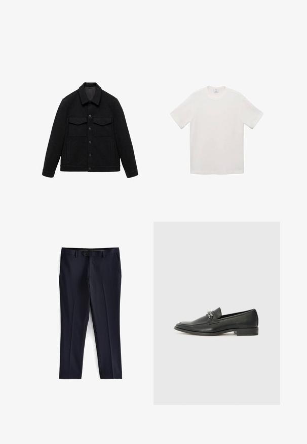 Sort jakke lavet af en uldblanding med krave, to brystlommer og knaplukning. Har en struktureret overflade og ensfarvet design.; Kortærmet t-shirt med rund hals i off-white. Lavet af glat bomuldsstof med en afslappet pasform og diskrete syninger langs skuldersømmene.; Next SLIM FIT ESSENTIAL - Habitbukser - navy; Sorte læder loafers med en glat finish, der har et syet design og et dekorativt metal kædeaccent hen over vamps. Flad hæl.