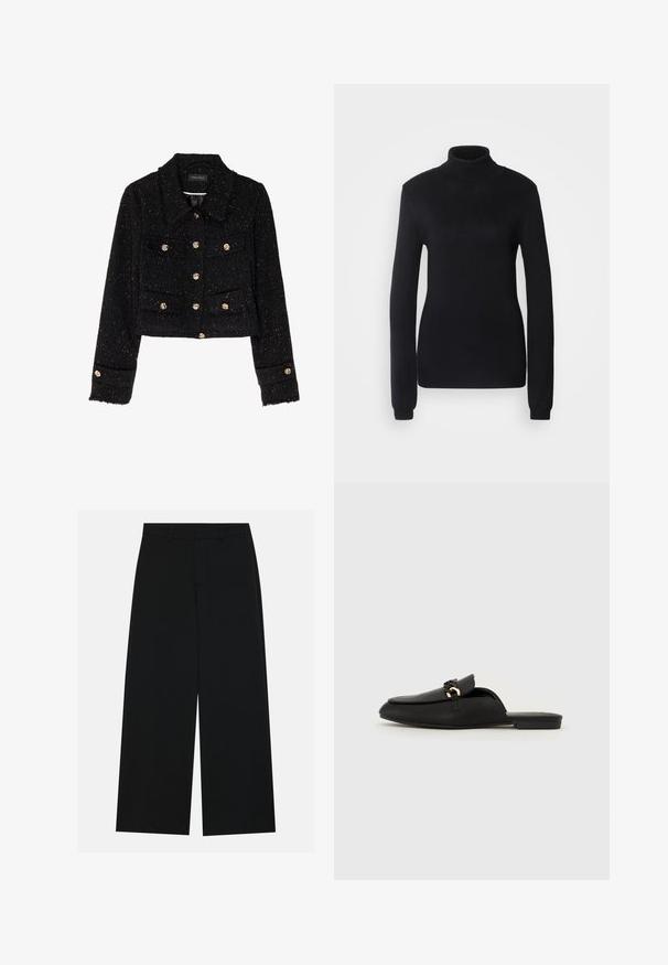 Anna Field Let jakke / Sommerjakker - black; Sort turtleneck sweater lavet af et blødt strikstof, med lange ærmer og en tætsiddende silhuet, der har ribbet krave og kant.; Breddebenede sorte bukser lavet af et glat stof. Har en flad talje med bæltestropper og ingen synlige lommer. Simpelt design.; Sort slip-on sko lavet af glat læder. Har en rund tå, en dekorativ vævet strop og en lille guldfarvet detalje. Flad sål.