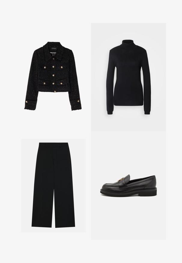 Anna Field Giacca leggera - black; Pullover nero con collo alto realizzato in un morbido tessuto a maglia, caratterizzato da maniche lunghe e una silhouette aderente con collo e orlo a costine.; Pantaloni neri a gamba larga realizzati in un tessuto liscio. Presentano una vita piatta con passanti per la cintura e senza tasche visibili. Design semplice.; Mocassini in pelle nera con punta arrotondata, dettagli cuciti, hardware in tonalità dorata e suola bassa in gomma texturizzata. Finitura liscia e elegante.