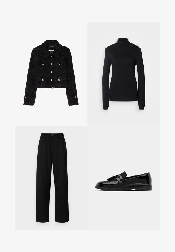 Anna Field Sommerjakke - black; Svart turtleneck genser laget av myk strikket stoff, med lange ermer og en tettsittende silhuett med en ribbestrikket krage og kant.; Svart vide bukser med strukturert midjebånd, med frontknappelukking og to sidelommer. Glatt stoff og skreddersydd design.; Sorte patent lær loafers med flad hæl, med frynsedetalje og glat overflade, designet med rund tå og diskrete syninger.